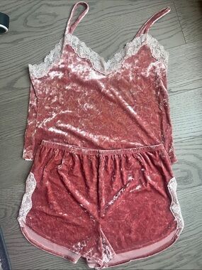Velvet Lace Trim Cami & Short Set - Blush Rose